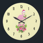 Pink Flamingo in Santa Hat Whimsical Christmas Große Wanduhr<br><div class="desc">A clock with a tropical themed Christmas flamingo wearing a pink santa hat. Underneath its feet is a candy cane bouquet with pretty tropical flowers and pink berries. A sprig of holly on its chest.</div>
