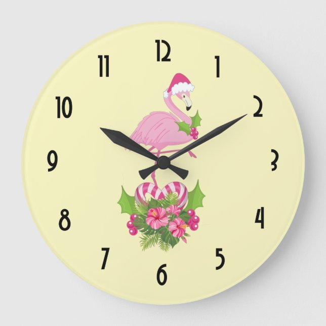 Pink Flamingo in Santa Hat Whimsical Christmas Große Wanduhr (Vorderseite)