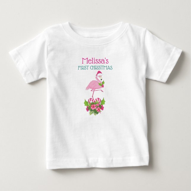 Pink Flamingo in Weihnachtsmannmütze 1. Weihnachte Baby T-shirt (Vorderseite)