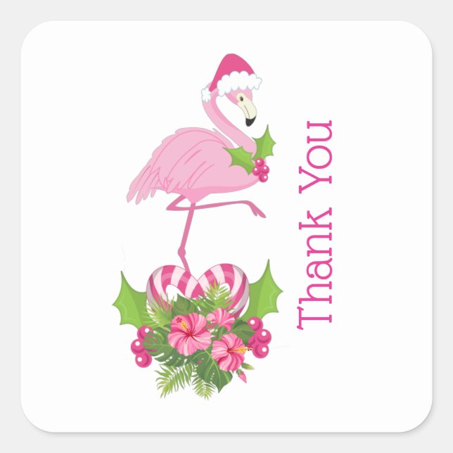 Pink Flamingo in Weihnachtsmannmütze Whimsical Dan Quadratischer Aufkleber (Vorderseite)