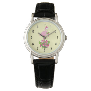 Pink Flamingo in Weihnachtsmannmütze Whimsisches W Armbanduhr