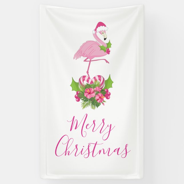 Pink Flamingo in Weihnachtsmannmütze Whimsisches W Banner (Vertikal)