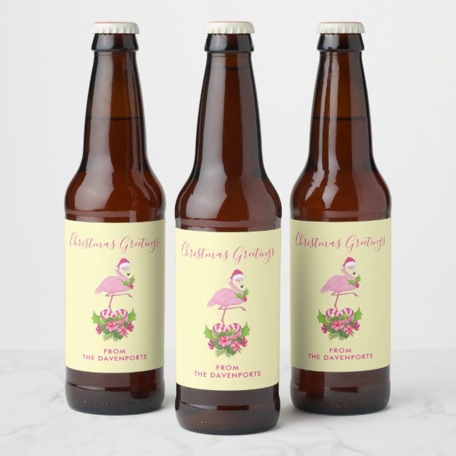 Pink Flamingo in Weihnachtsmannmütze Whimsisches W Bierflaschenetikett (Flaschen)