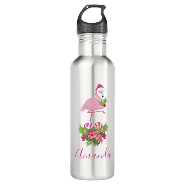 Pink Flamingo in Weihnachtsmannmütze Whimsisches W Edelstahlflasche (Vorderseite)