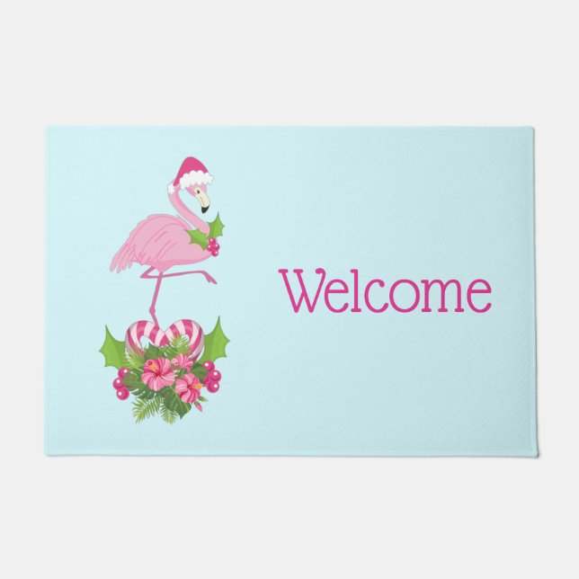 Pink Flamingo in Weihnachtsmannmütze Whimsisches W Fußmatte (Vorderseite)