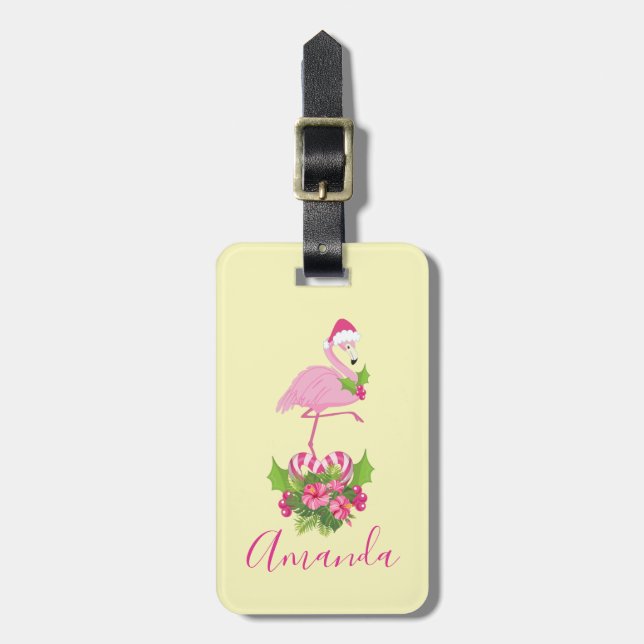 Pink Flamingo in Weihnachtsmannmütze Whimsisches W Gepäckanhänger (Vorderseite vertikal)