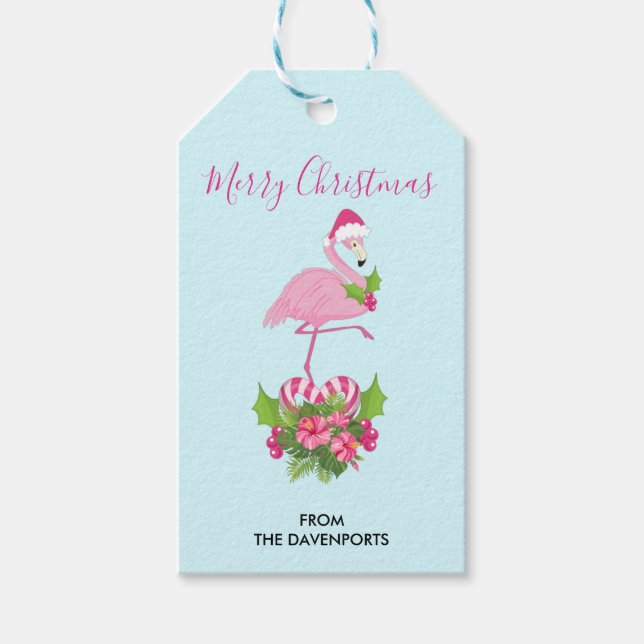 Pink Flamingo in Weihnachtsmannmütze Whimsisches W Geschenkanhänger (Vorderseite)