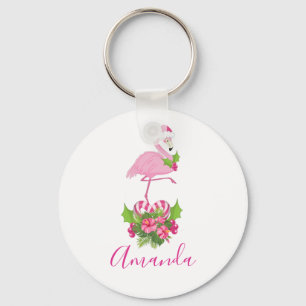 Pink Flamingo in Weihnachtsmannmütze Whimsisches W Schlüsselanhänger