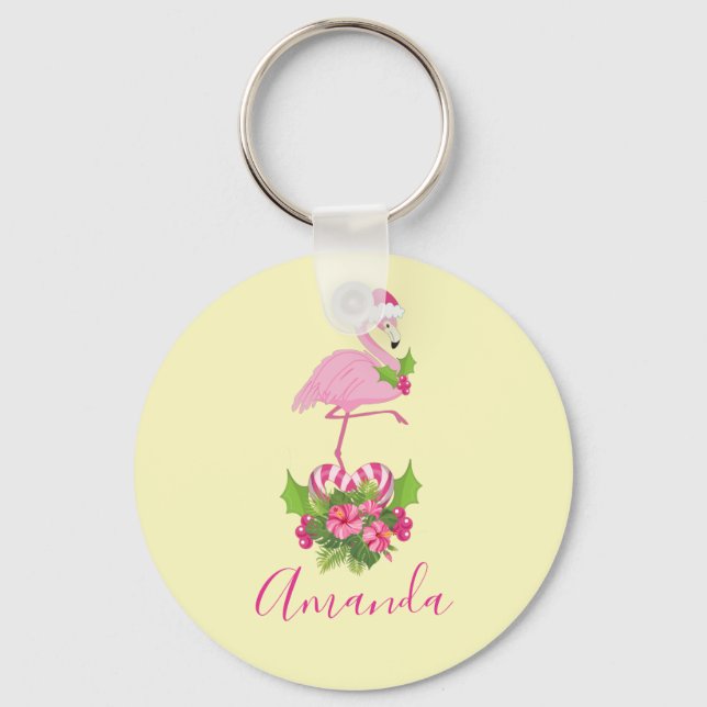 Pink Flamingo in Weihnachtsmannmütze Whimsisches W Schlüsselanhänger (Vorderseite)