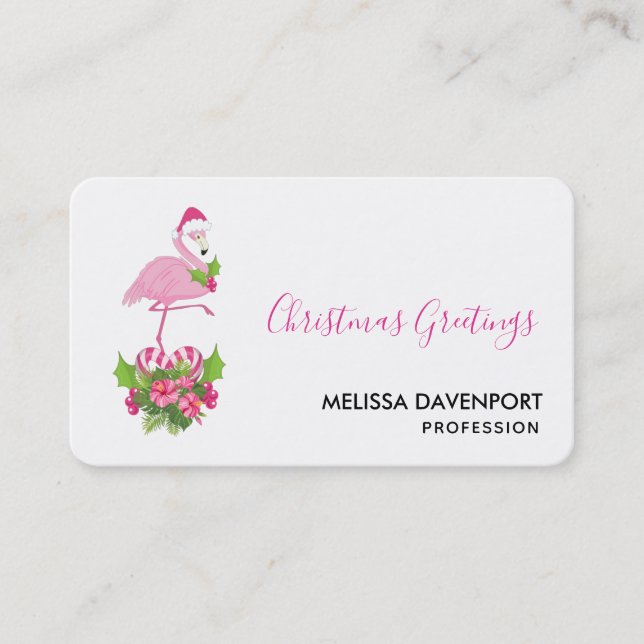Pink Flamingo in Weihnachtsmannmütze Whimsisches W Visitenkarte (Vorderseite)