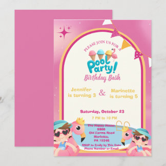 Pink Flamingo Joint Poolparty Mädchen Geburtstag Einladung
