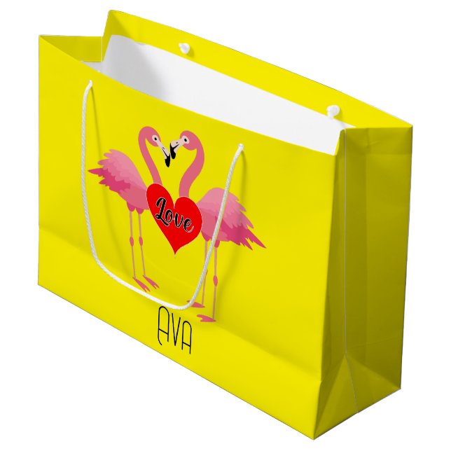 Pink Flamingo Liebe Design - Geschenktasche - Groß Große Geschenktüte (Vorderseite Schrägansicht)
