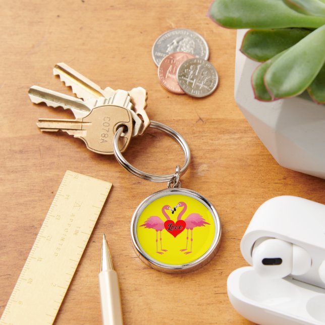 Pink Flamingo Liebe Design - Premium Round Schlüss Schlüsselanhänger (Schreibtisch)