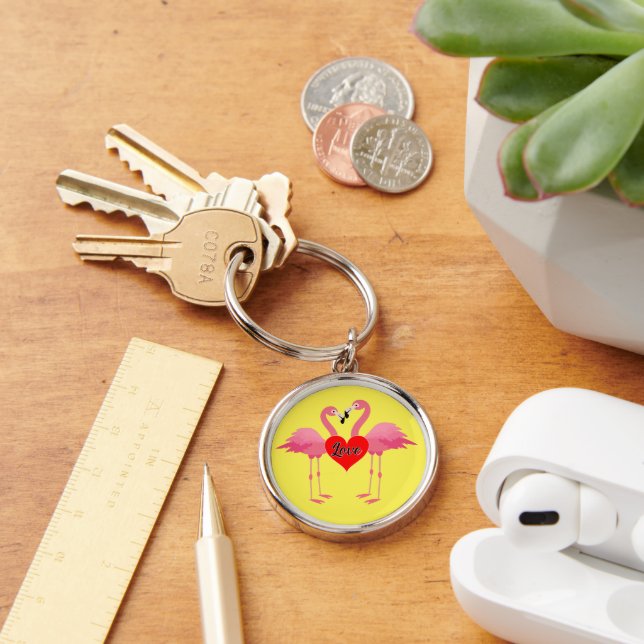 Pink Flamingo Liebe Design - Premium Round Schlüss Schlüsselanhänger (Schreibtisch)