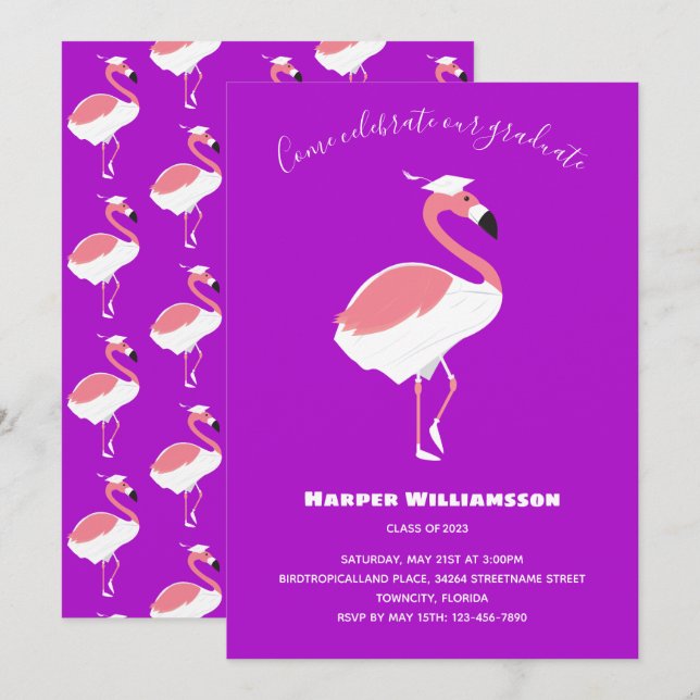 Pink Flamingo Lila Animal Abschluss Einladung (Vorne/Hinten)