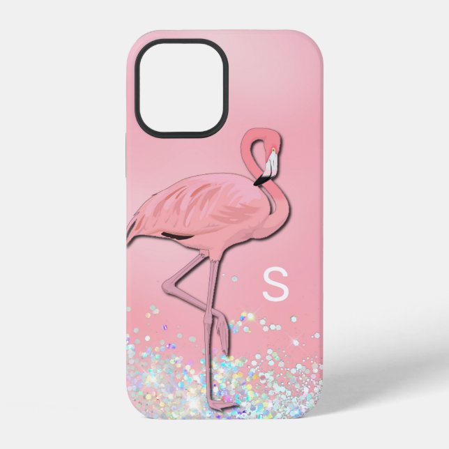 Pink Flamingo Mit Monogramm iPhone 12 Hülle (Rückseite)