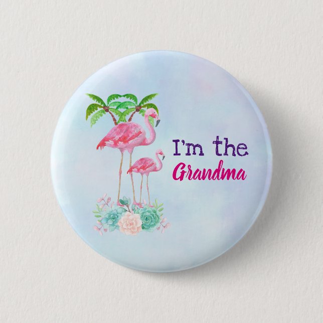 Pink Flamingo Momma & Baby mit Palmen Bäumen Button (Vorderseite)
