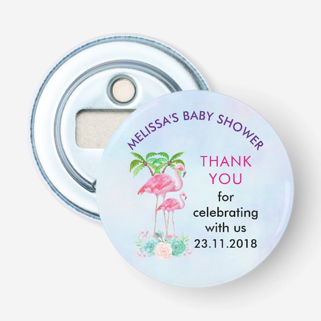 Pink Flamingo Momma & Baby mit Palmen Bäumen Flaschenöffner (Vorderseite)