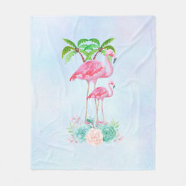 Pink Flamingo Momma & Baby mit Palmen Bäumen Fleecedecke