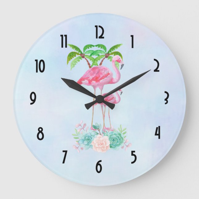 Pink Flamingo Momma & Baby mit Palmen Bäumen Große Wanduhr (Vorderseite)