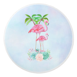 Pink Flamingo Momma & Baby mit Palmen Bäumen Keramikknauf