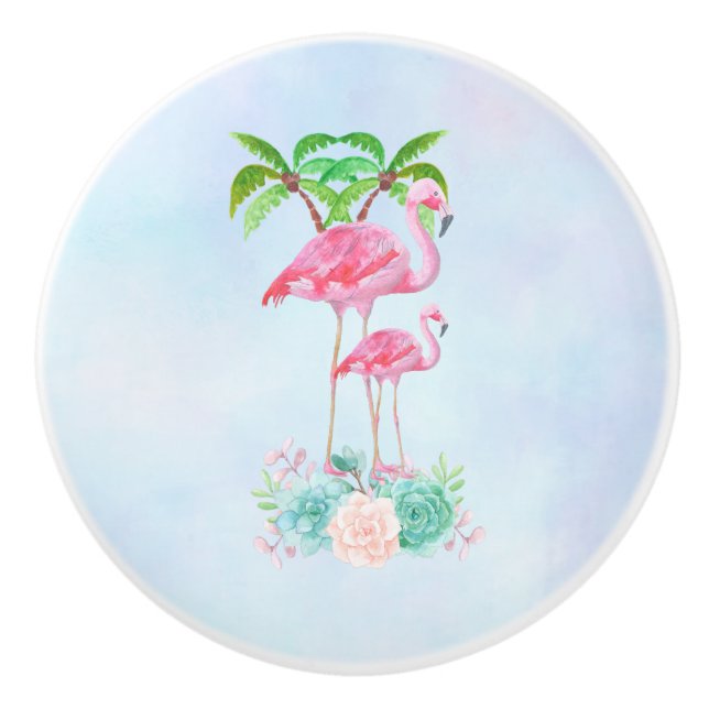 Pink Flamingo Momma & Baby mit Palmen Bäumen Keramikknauf (Vorderseite)