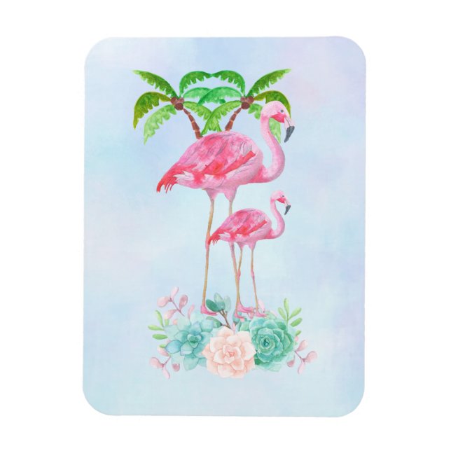 Pink Flamingo Momma & Baby mit Palmen Bäumen Magnet (Vertikal)