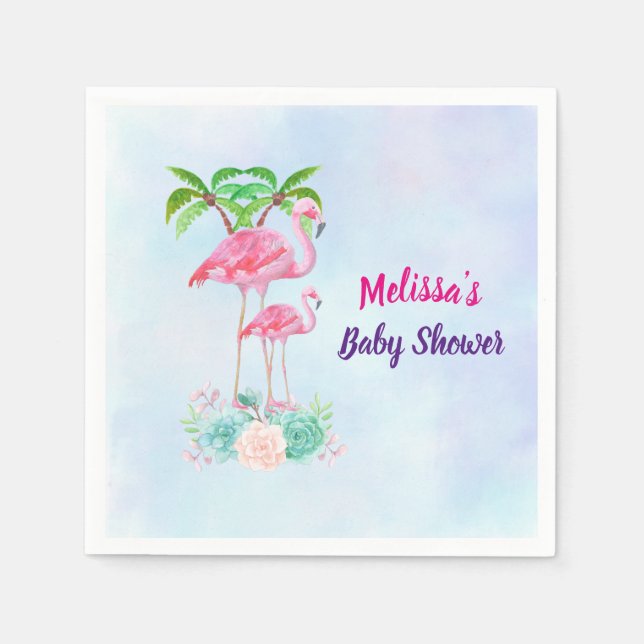 Pink Flamingo Momma & Baby mit Palmen Bäumen Serviette (Vorderseite)