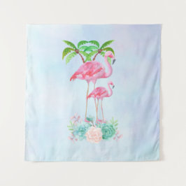 Pink Flamingo Momma & Baby mit Palmen Bäumen Wandteppich