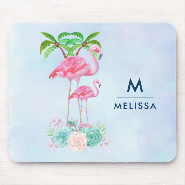Pink Flamingo Momma & Baby mit Palmen nach Maß. Mousepad (Vorne)