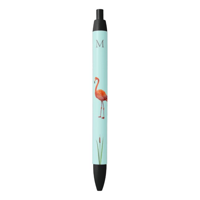 Pink Flamingo & Monogram auf Light Blue Kugelschreiber (Vorderseite Vertikal)