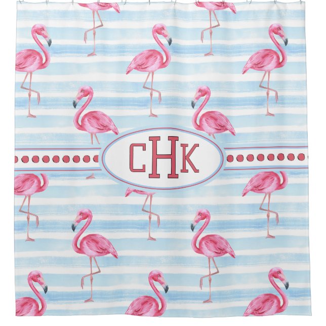 Pink Flamingo Monogram Duschvorhang (Vorderseite)