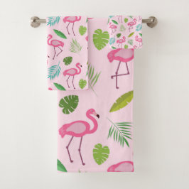 Pink Flamingo Muster mit tropischen Blätter Badhandtuch Set