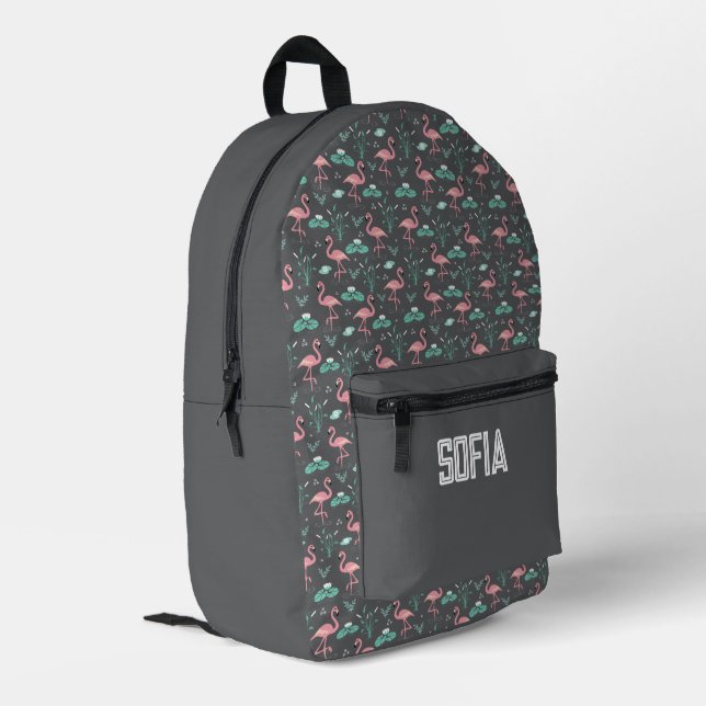 Pink Flamingo niedlicher grauer Mustername Bedruckter Rucksack (Rückseitige Ecke links)