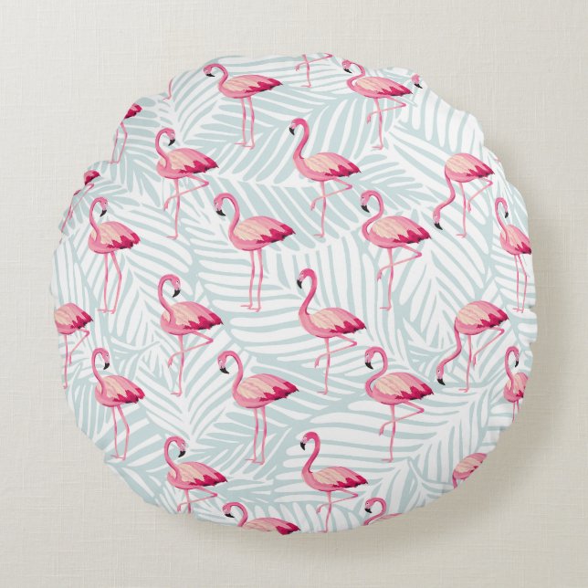 Pink Flamingo & Palm Blätter - Niedlich Rundes Kissen (Vorderseite)