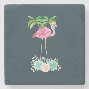 Pink Flamingo Palmen und Blumensukkulturen Steinuntersetzer