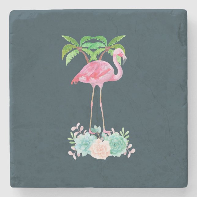 Pink Flamingo Palmen und Blumensukkulturen Steinuntersetzer (Vorderseite)