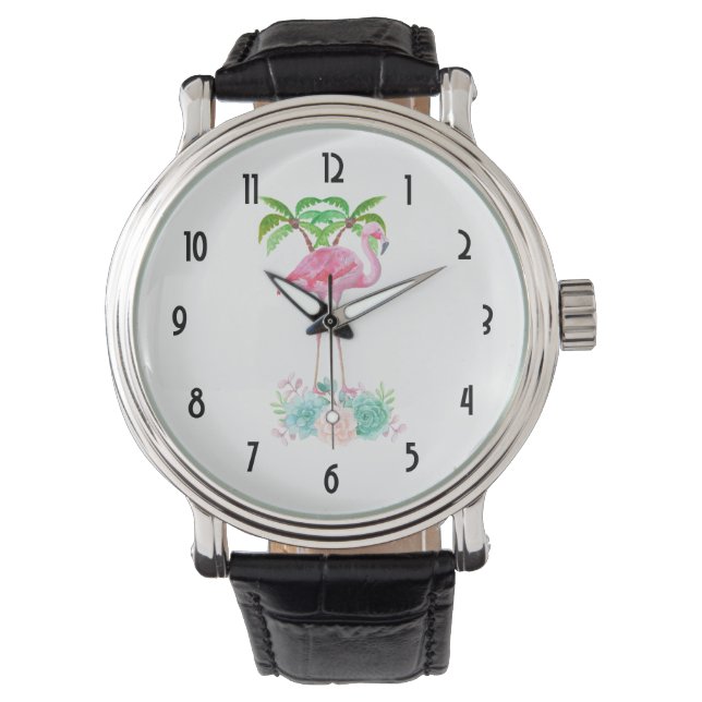 Pink Flamingo Palmen und Sukkulturen Armbanduhr (Vorderseite)