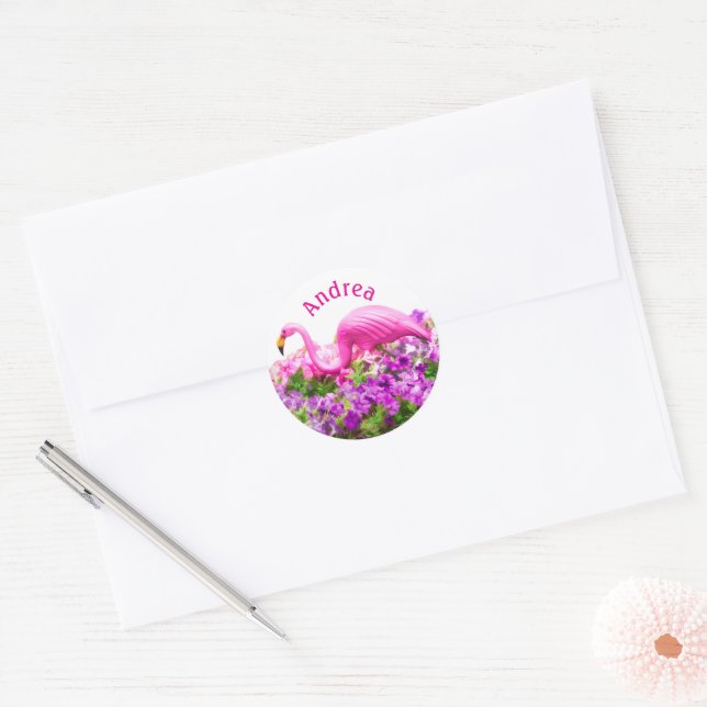 Pink Flamingo Petunia Art Add Custom Text  Runder Aufkleber (Umschlag)