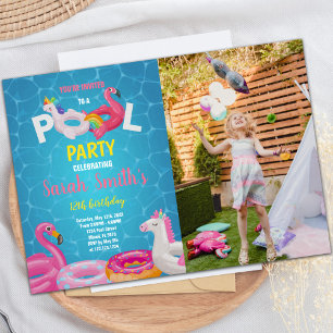 Pink Flamingo Pool Geburtstagseinladungen w Foto Einladung