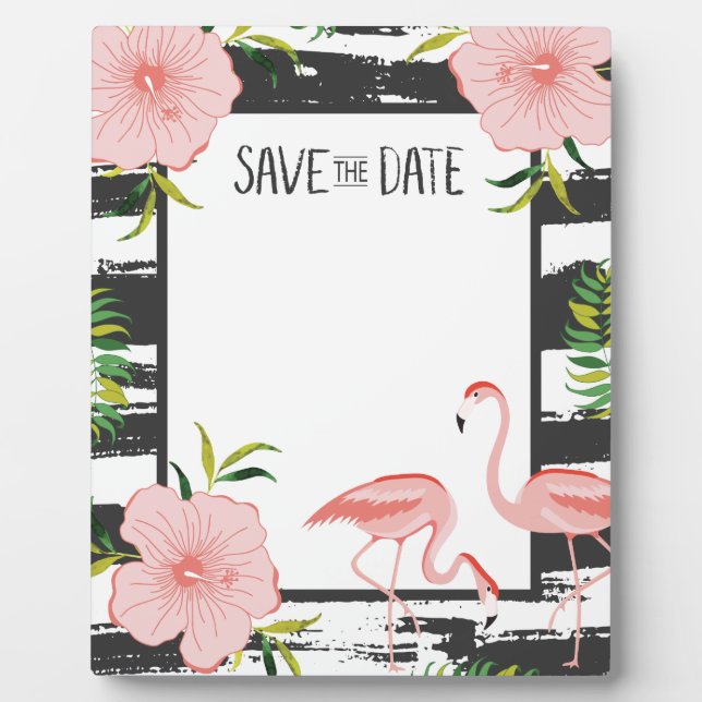 Pink Flamingo Schwarz und Weiß Streifen Rett Datum Fotoplatte (Vorderseite)