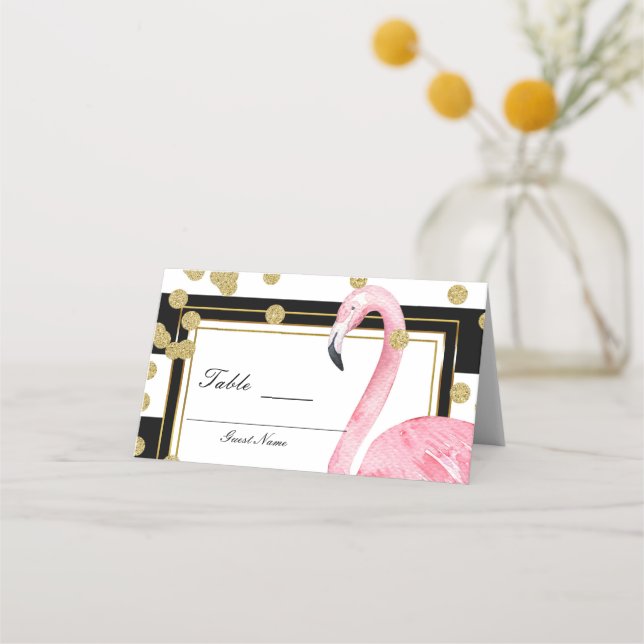 Pink Flamingo Schwarz-weiß Gold Tischnummer Platzkarte (Rückseite)