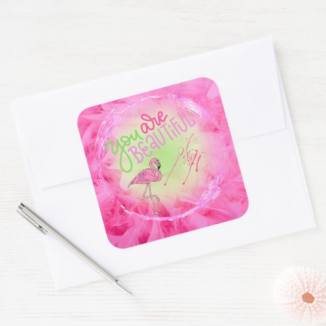 Pink Flamingo Sie sind schön Inspiration Quadratischer Aufkleber (Umschlag)