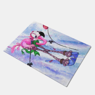 Pink Flamingo Skier Doormat Fußmatte