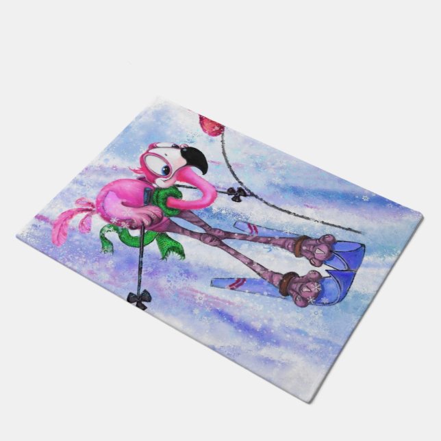 Pink Flamingo Skier Doormat Fußmatte (Schrägansicht)