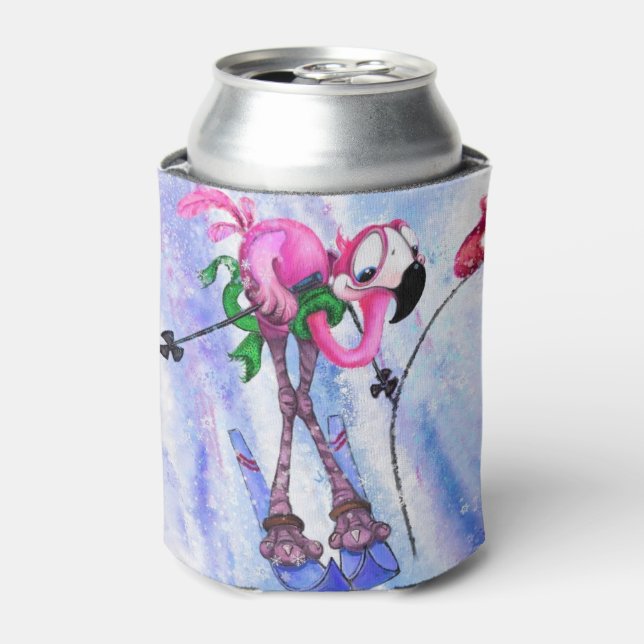 Pink Flamingo Skier Funny Can Cooler Dosenkühler (Kanne Vorderseite)