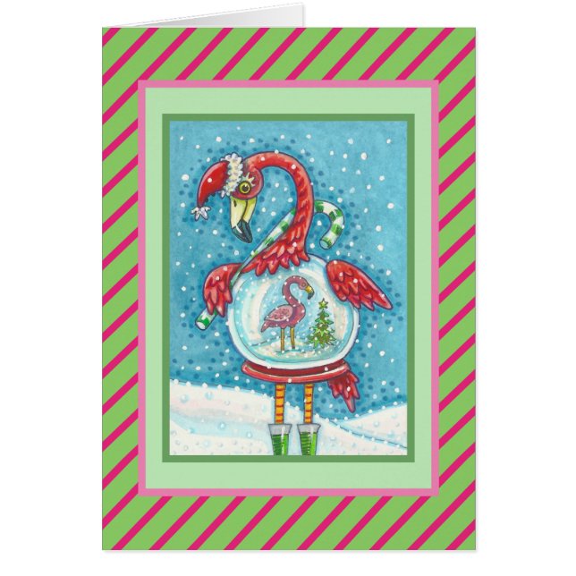 PINK FLAMINGO SNOWGLOBE, CHRISTMAS GREETCARD V (Vorne)
