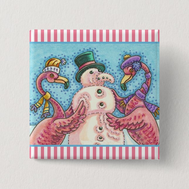 PINK FLAMINGO SNOWMAN CHRISTMAS BUTTON Square (Vorderseite)