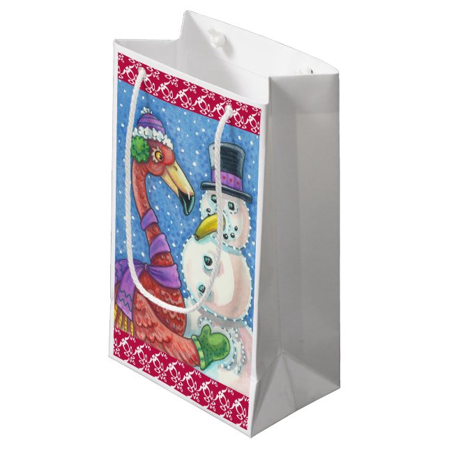 Pink Flamingo Snowman CHRISTMAS GIFT BAG Kleine Geschenktüte (Vorderseite Schrägansicht)