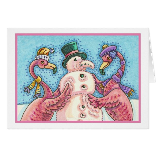 PINK FLAMINGO SNOWMAN, CHRISTMAS GREETCARD B (Vorderseite (Horizontal))